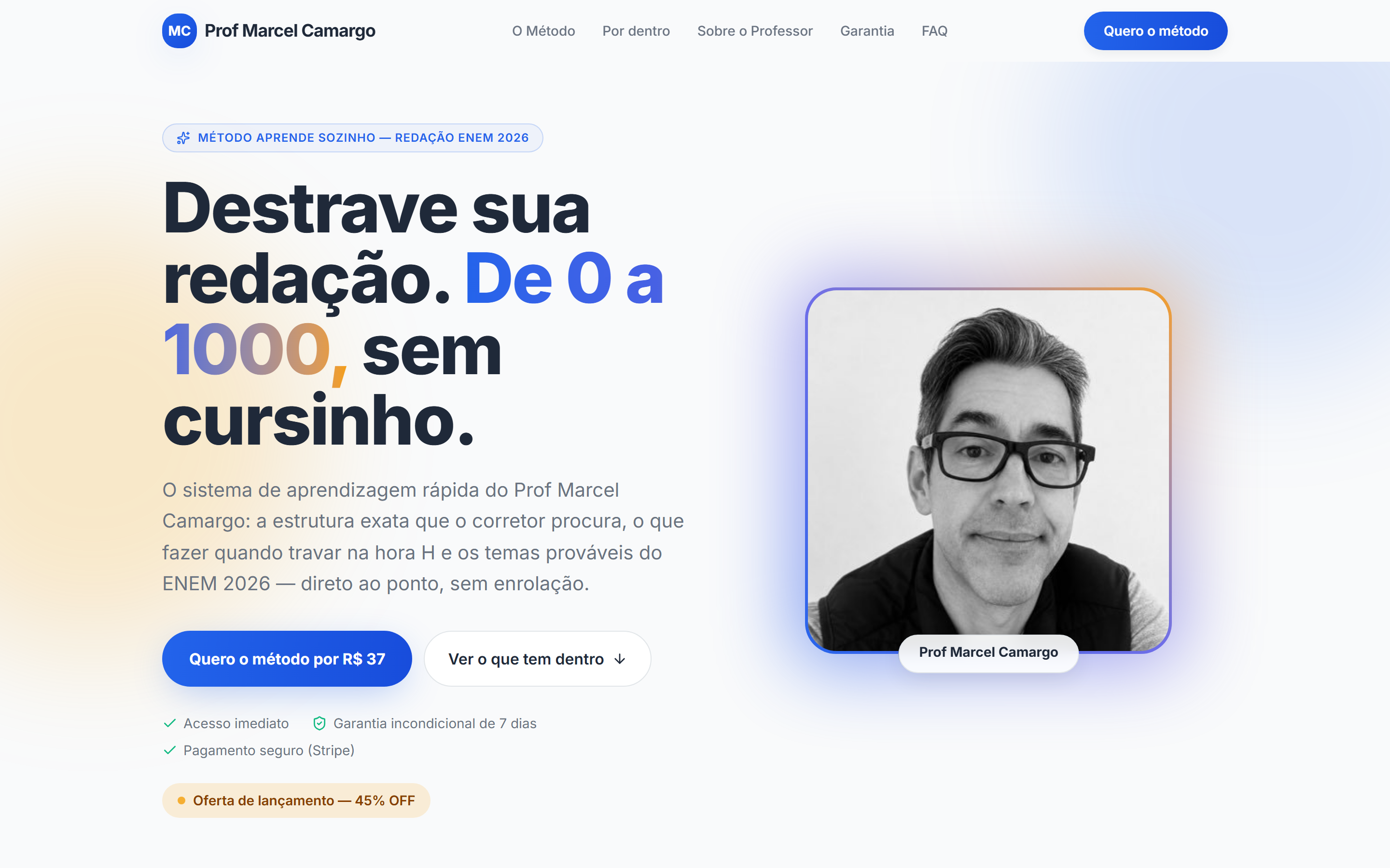 Projeto Prof Marcel Camargo, exemplo de site para landing pages de conversão